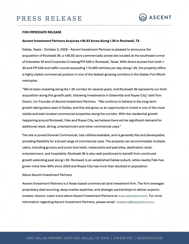 Rockwall 36 Press Release New Acquisition